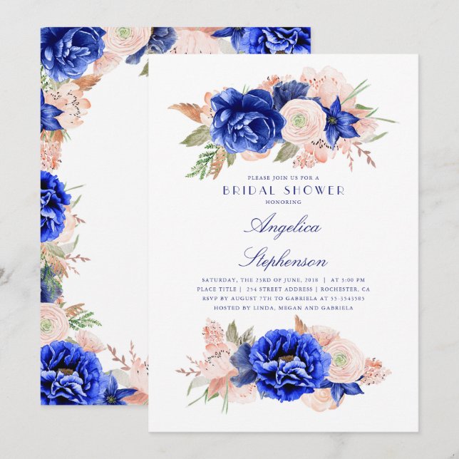 Invitation Fête des mariées élégante marine et rose florale (Devant / Derrière)