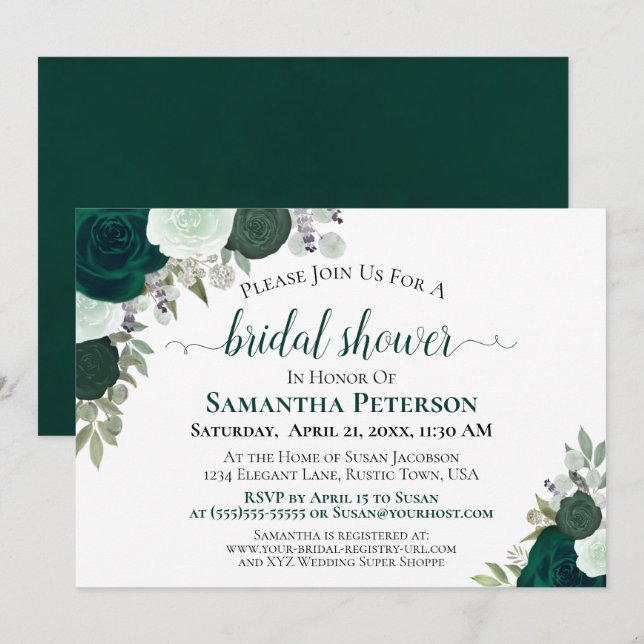 Invitation Fête des mariées élégante Rose Emerald Green (Devant / Derrière)