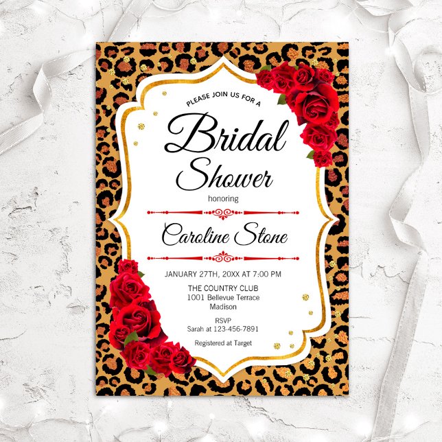 Invitation Fête des mariées - Empreinte de léopard Red Roses (Créateur téléchargé)