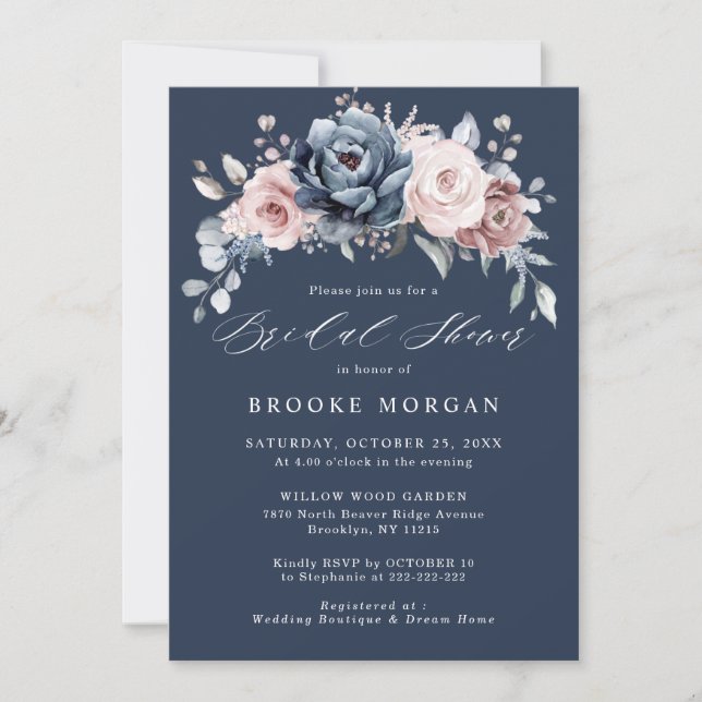 Invitation Fête des mariées en ardoise rose Rose bleu Dusty I (Devant)
