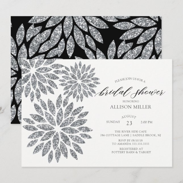 Invitation Fête des mariées en argent chatoyante Dahlias (Devant / Derrière)