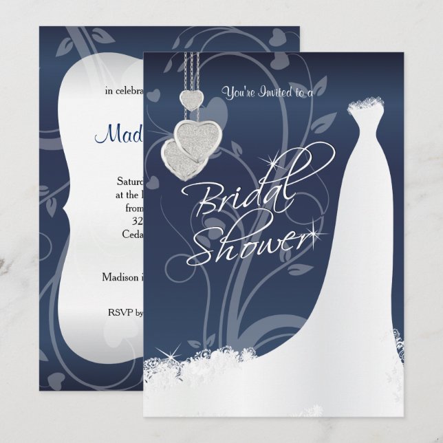 Invitation Fête des mariées en bleu marine Floral Satin (Devant / Derrière)