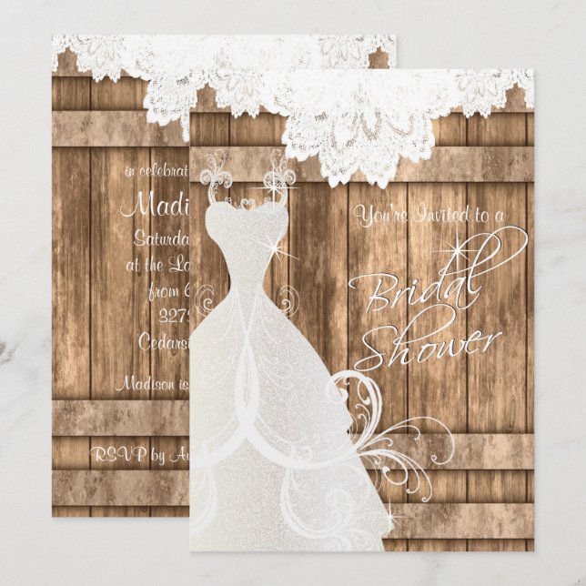 Invitation Fête des mariées en bois clair rustique et dentell (Devant / Derrière)