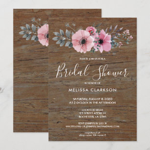 Invitation Fête des mariées en bois de grange fleurs aquarell