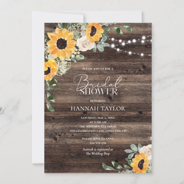Invitation Fête des mariées en bois de tournesol rustique Euc (Devant)