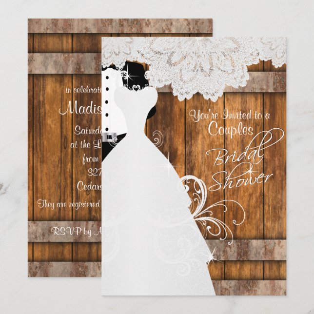 Invitation Fête des mariées en bois rustique et dentelle (Devant / Derrière)