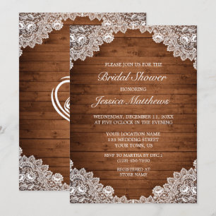 Invitation Fête des mariées en bois rustique et dentelle blan