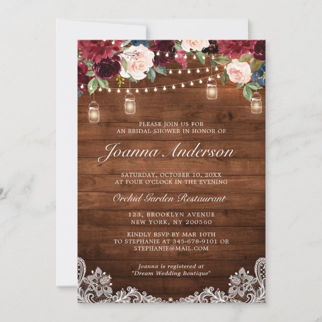 Invitation Fête des mariées en bois rustique Floral Mason Jar (Devant)
