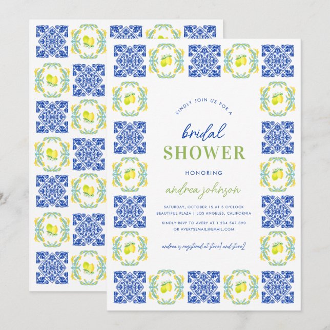 Invitation Fête des mariées en carreaux de citron bleu italie (Devant / Derrière)