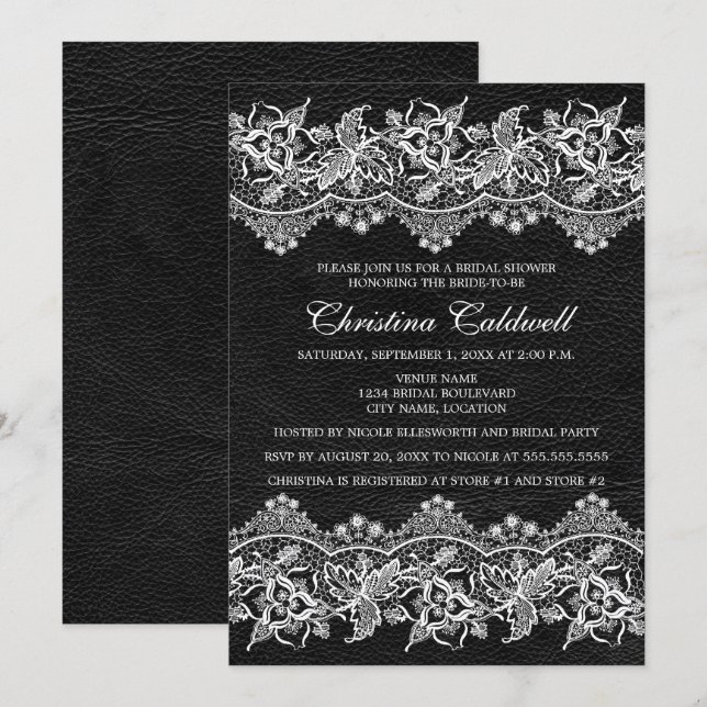 Invitation Fête des mariées en cuir noir et dentelle (Devant / Derrière)