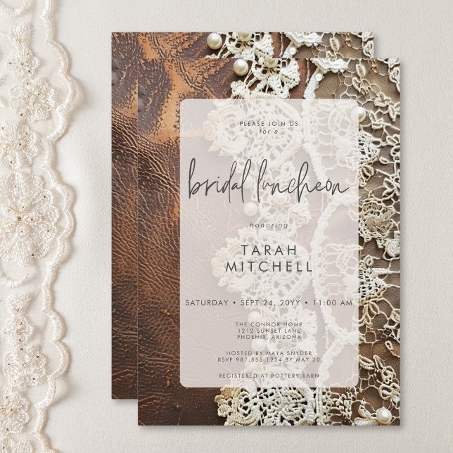 Invitation Fête des mariées en cuir rustique et dentelle nupt (Rustic Leather & Bridal Lace Bridal Shower Invitation)