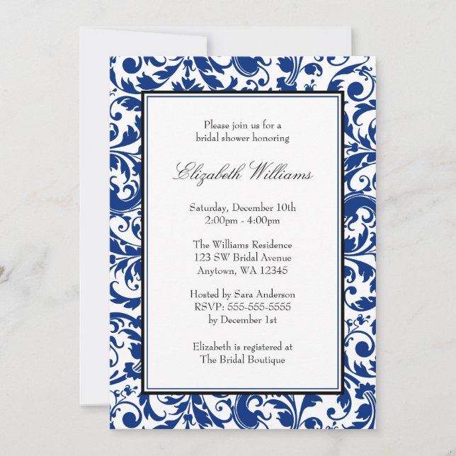 Invitation Fête des mariées en damas bleu marine et noir (Devant)