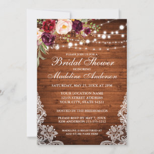 Invitation Fête des mariées en dentelle fleurie en bois rusti