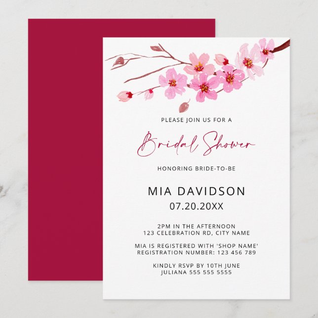 Invitation Fête des mariées en fleurs de cerisier rose (Devant / Derrière)