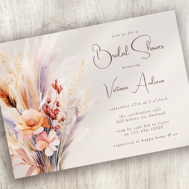 Invitation Fête des mariées en laiton de Boho Pampas (Créateur téléchargé)