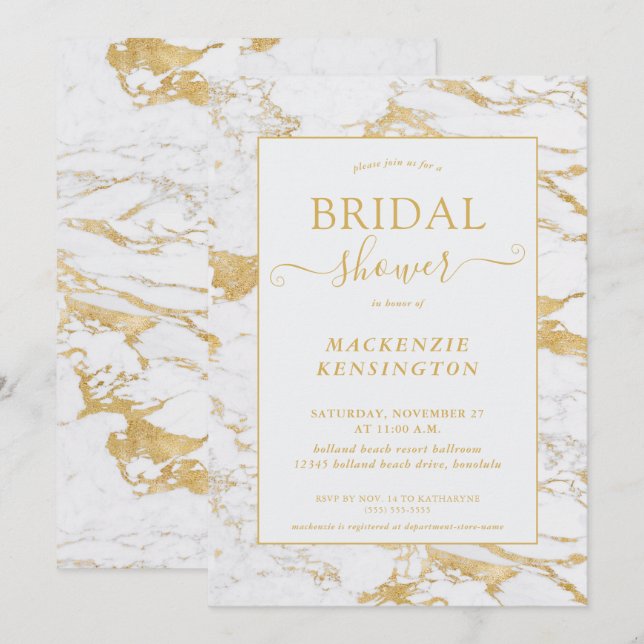 Invitation Fête des mariées en marbre de luxe Gold Foil (Devant / Derrière)