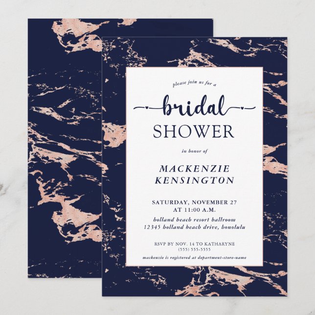 Invitation Fête des mariées en marbre d'or Rose bleu chic Nav (Devant / Derrière)