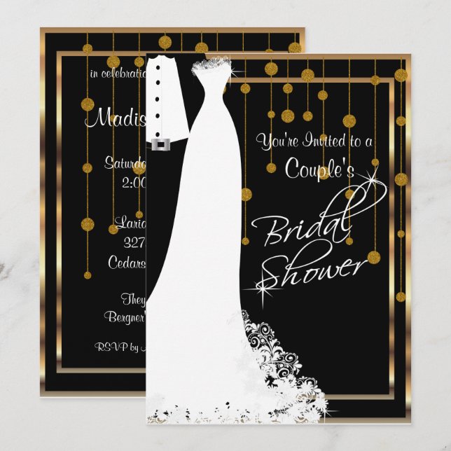 Invitation Fête des mariées en noir et or (Devant / Derrière)