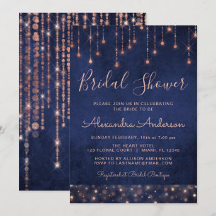 Invitation Fête des mariées en or bleu et Rose de la Marine