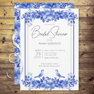 Invitation Fête des mariées en porcelaine florale bleu et bla