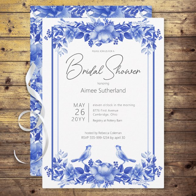 Invitation Fête des mariées en porcelaine florale bleu et bla (Blue & White Floral Porcelain Bridal Shower Invitation)