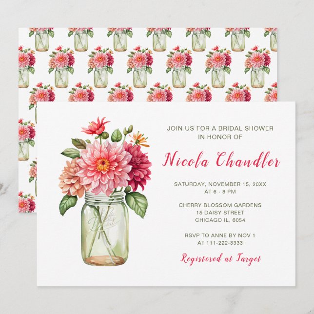 Invitation Fête des mariées en pot de Dahlias Mason Rose (Devant / Derrière)