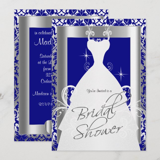 Invitation Fête des mariées en Royal Blue Damask et Argent (Devant / Derrière)