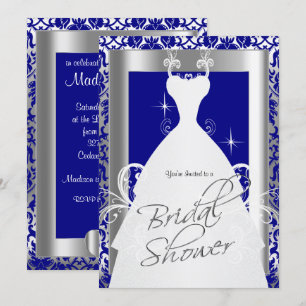 Invitation Fête des mariées en Royal Blue Damask et Argent