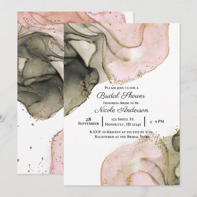 Invitation Fête des mariées épaisse Moody Pink Gold Inky (Devant / Derrière)
