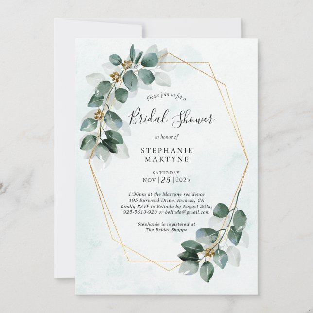 Invitation Fête des mariées Eucalyptus aquarelle géométrique (Devant)