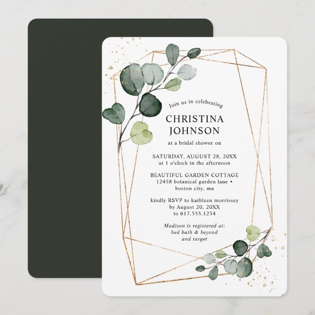 Invitation Fête des mariées Eucalyptus de cadre d'or géométri (Devant / Derrière)