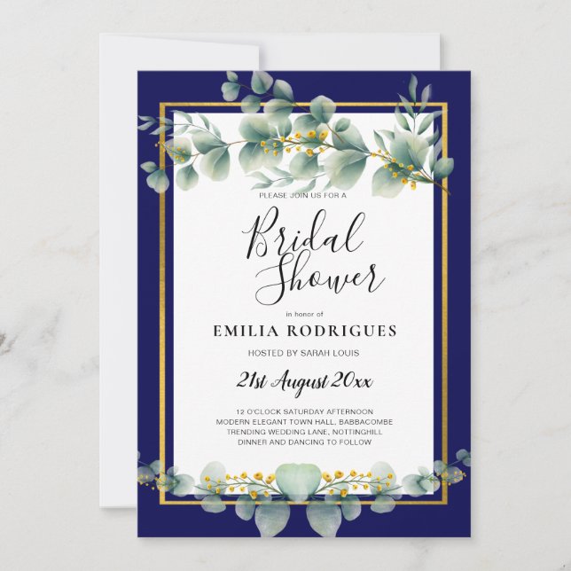 Invitation FÊTE DES MARIÉES Eucalyptus de l'OR BLEU MARINE (Devant)