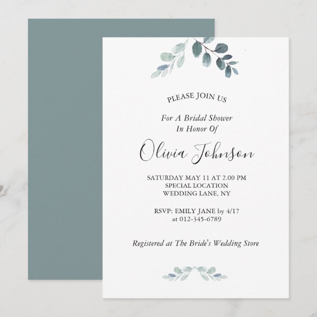 Invitation Fête des mariées Eucalyptus simple et élégante (Devant / Derrière)