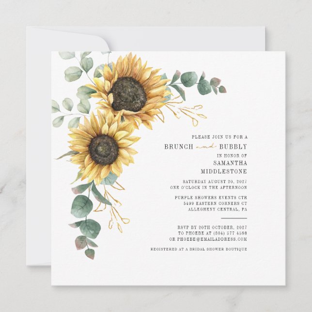Invitation Fête des mariées Eucalyptus Sunflower Brunch Bubbl (Devant)
