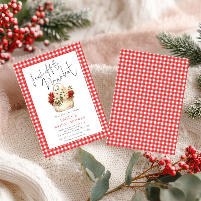 Invitation Fête des mariées Festive En vichy rouge frais hors (Front and back view)
