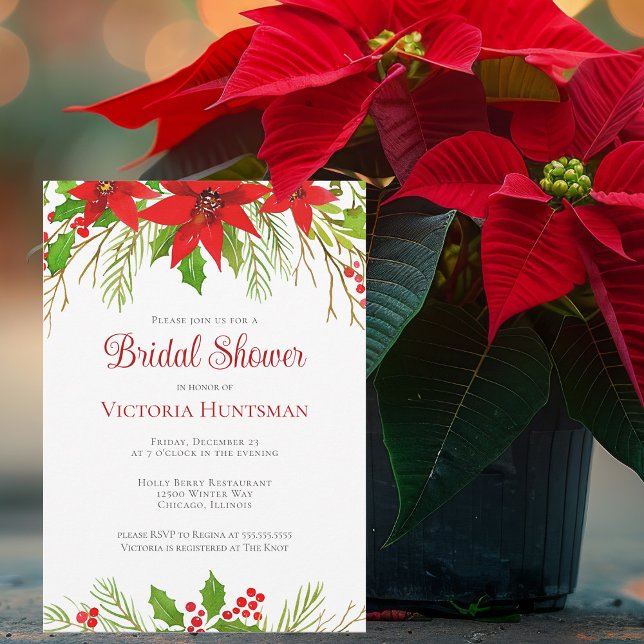 Invitation Fête des mariées Festive Rouge de Noël Poinsettia (Créateur téléchargé)