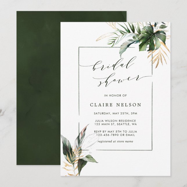 Invitation Fête des mariées Feuille d'aquarelle verte tropica (Devant / Derrière)