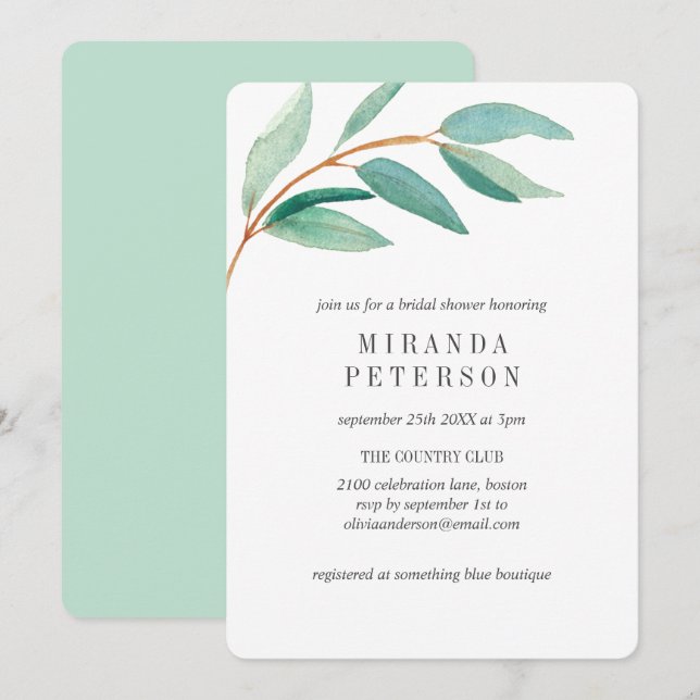 Invitation Fête des mariées Feuille de la branche Eucalyptus  (Devant / Derrière)