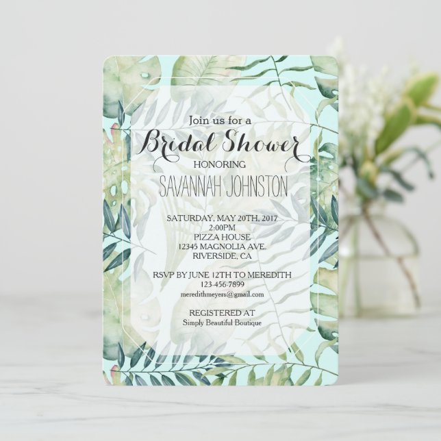 Invitation Fête des mariées Feuille Tropical Mint Green (Debout devant)