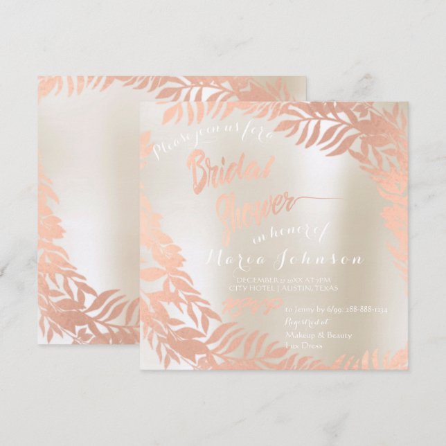 Invitation Fête des mariées Feuilles tropicales Or Rose ivoir (Devant / Derrière)