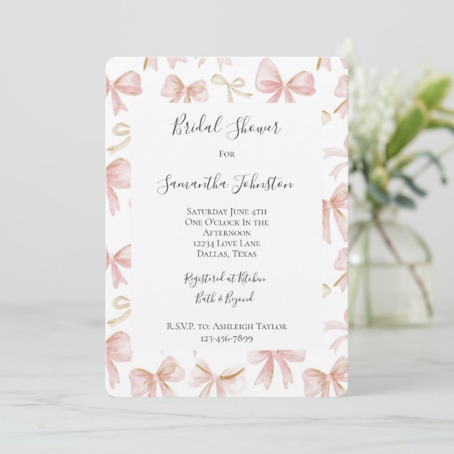Invitation Fête des mariées Fille Blush Pink Bows (Debout devant)