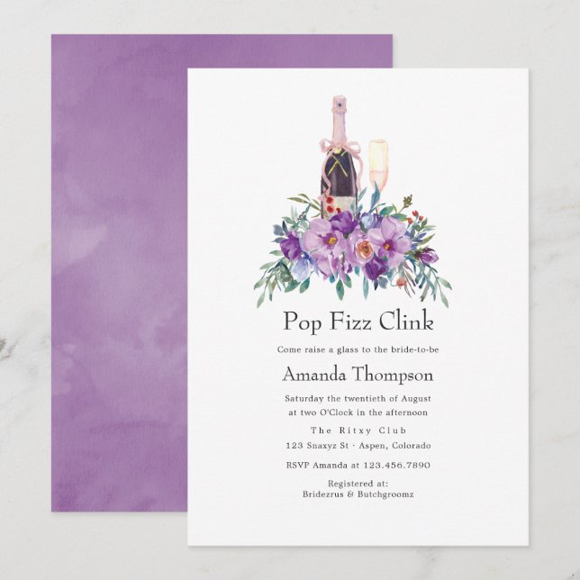 Invitation Fête des mariées Fizz Clink Pop Floral Violet (Devant / Derrière)
