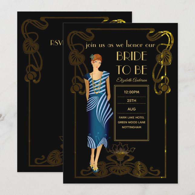 Invitation Fête des mariées Flapper Art Déco Gatsby des année (Devant / Derrière)