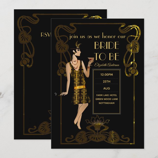 Invitation Fête des mariées Flapper Art Déco Gatsby des année (Devant / Derrière)