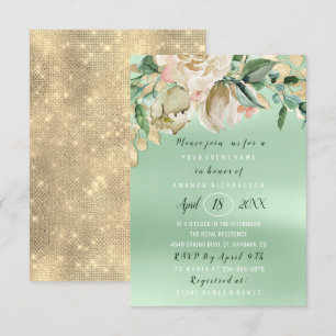 Invitation Fête des mariées Fleur Brunch Mint Aquarelle Or