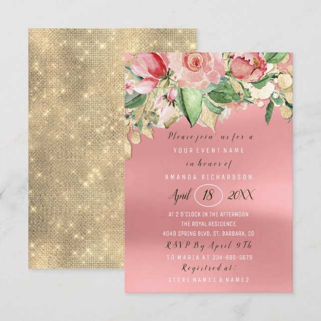 Invitation Fête des mariées Fleur Brunch Mint Aquarelle Roses (Devant / Derrière)