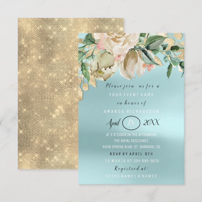 Invitation Fête des mariées Fleur Brunch Spark Gold Aqua (Devant / Derrière)