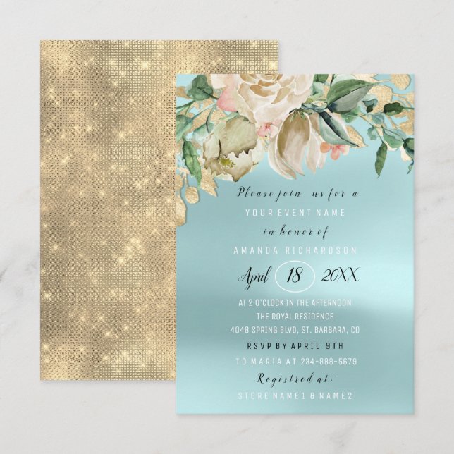 Invitation Fête des mariées Fleur Brunch Spark Gold Blue (Devant / Derrière)