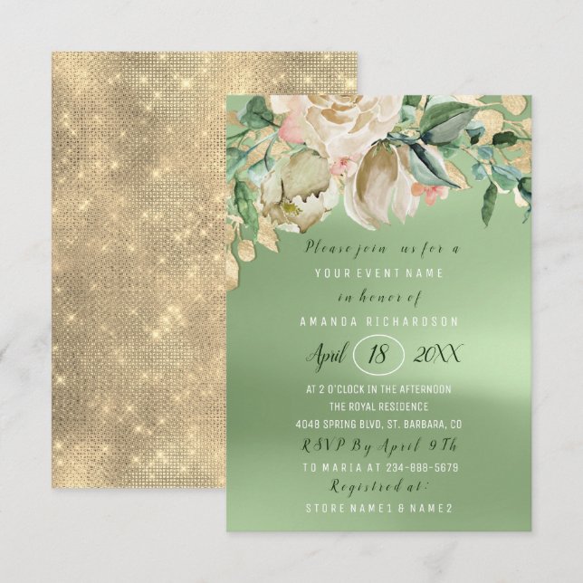 Invitation Fête des mariées Fleur Brunch Verdure Roses or (Devant / Derrière)