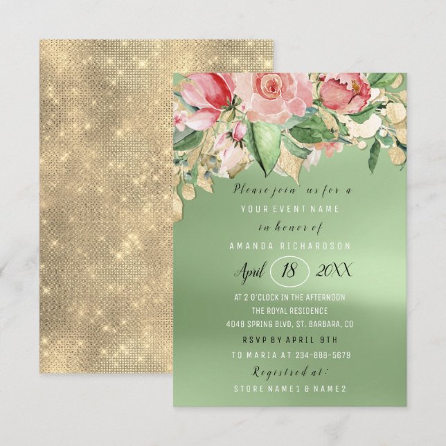 Invitation Fête des mariées Fleur Brunch Vert Or rose (Devant / Derrière)